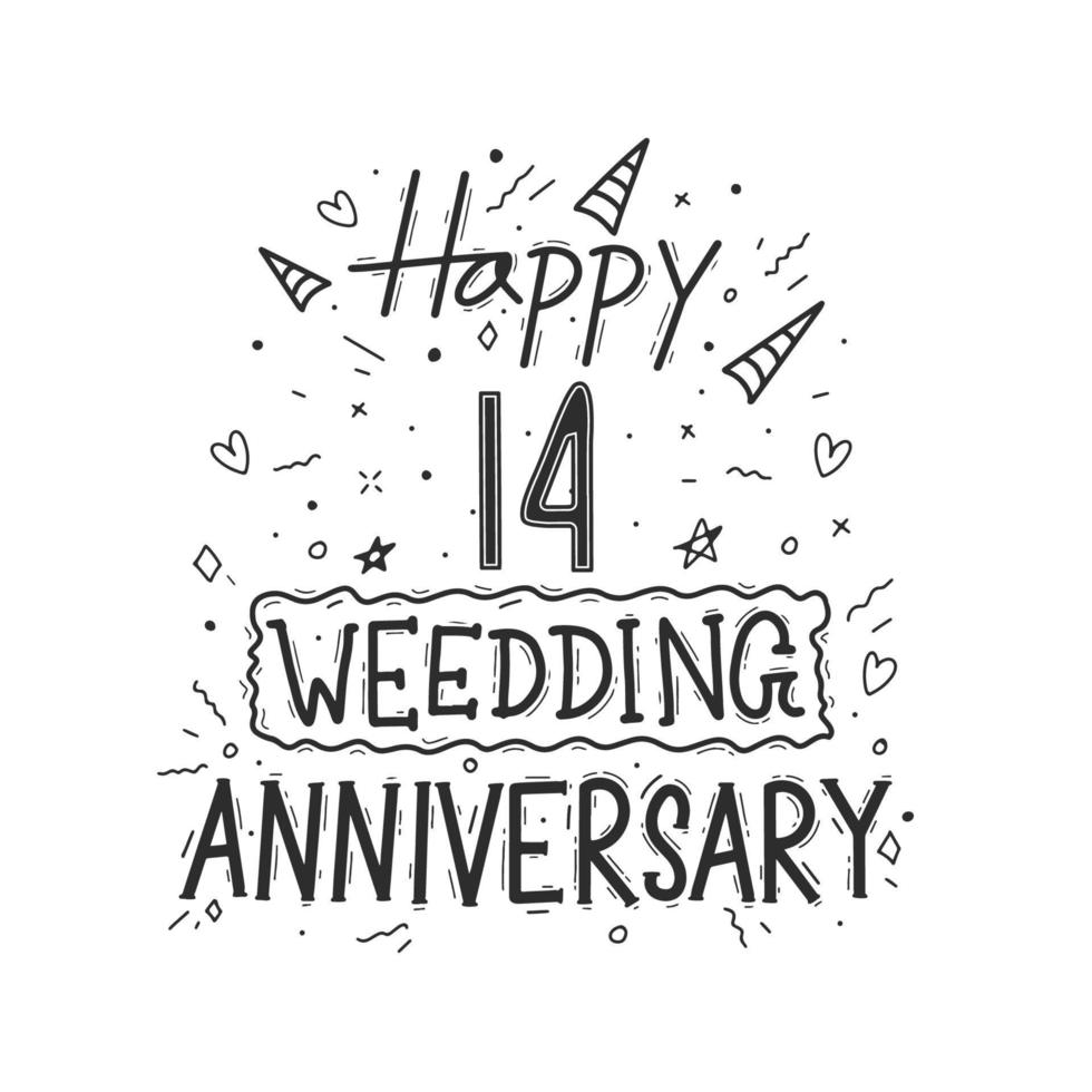 14 years anniversary celebration hand drawing typography design. Happy 14th wedding anniversary hand lettering vector