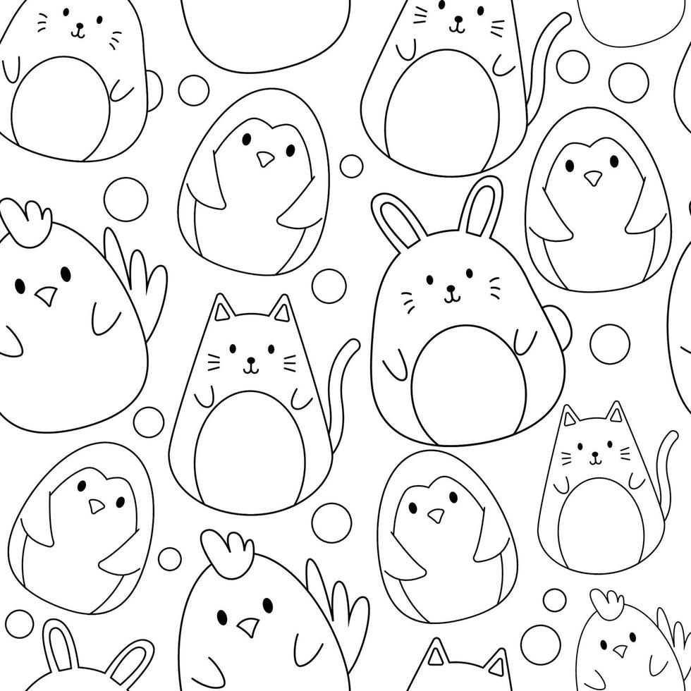 Set of cute rabbit, chicken, penguin, cat outline seamless pattern background isolated on white bg vector