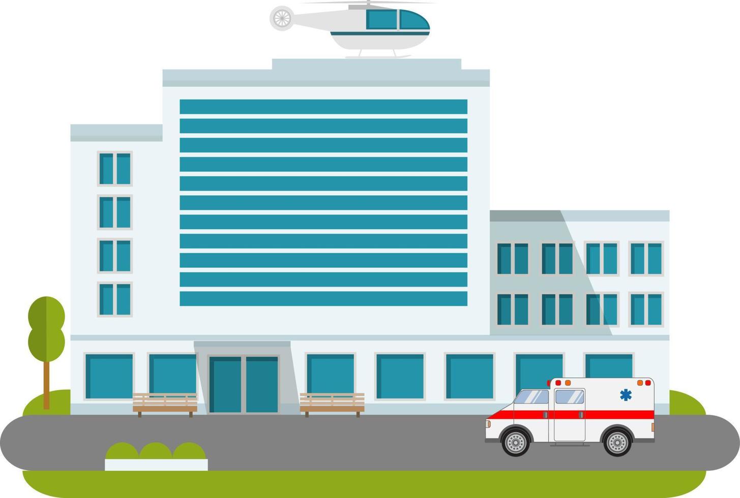 City hospital building cartoon modern with ambulance flat style and the car and the helicopter of medical care. City medical clinic.Design element for the website, a banner, a poster, leaflets. vector