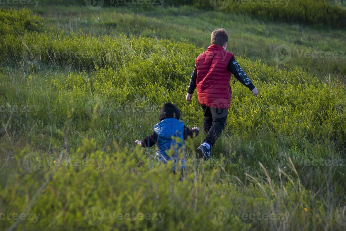 Children in the open spaces of the field are walking among the juicy spring grass in the light of sunset along a narrow trampled path photo