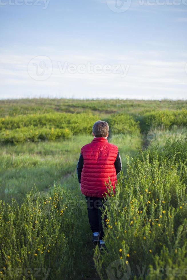 Children in the open spaces of the field are walking among the juicy spring grass in the light of sunset along a narrow trampled path photo
