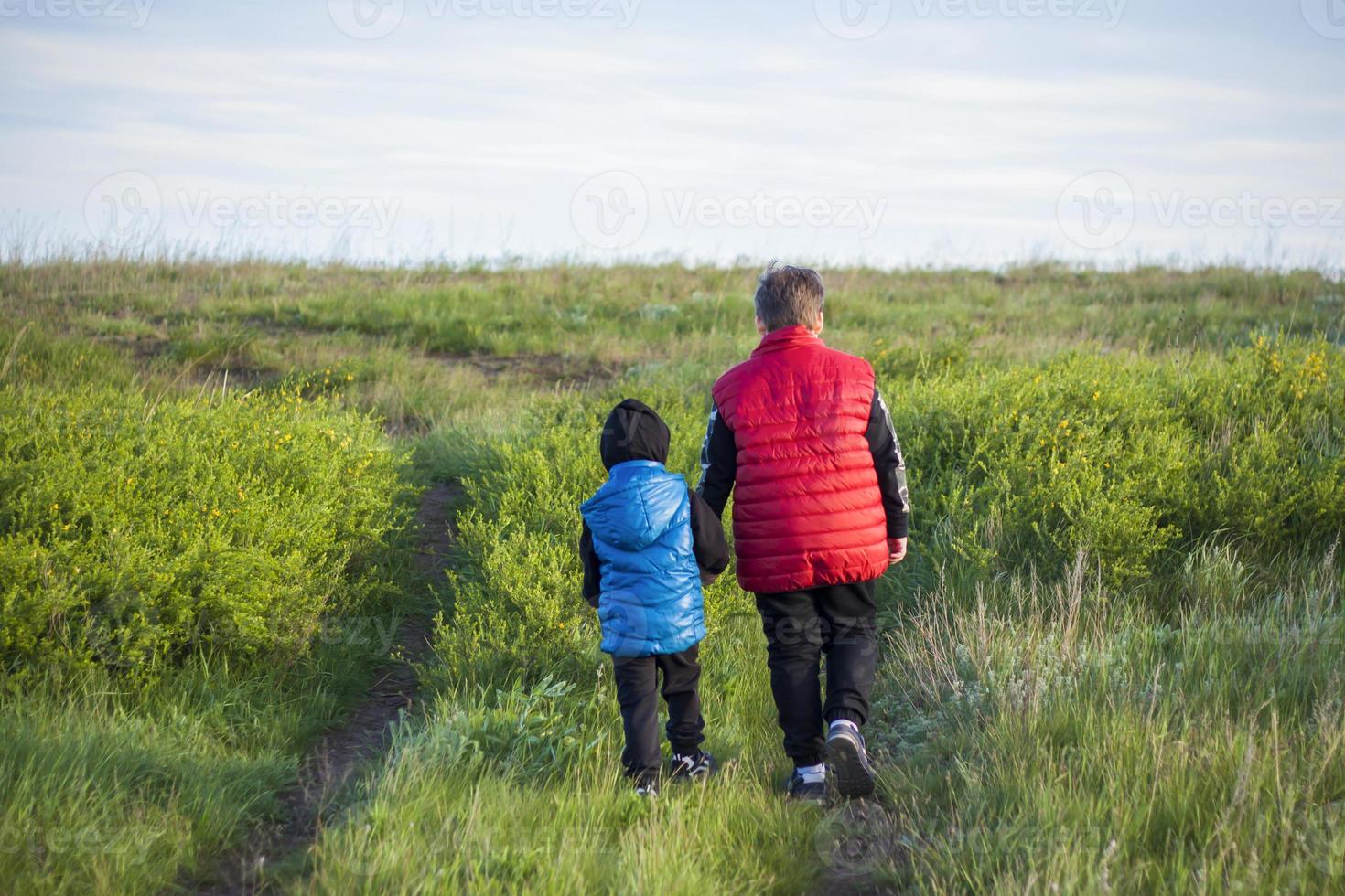 Children in the open spaces of the field are walking among the juicy spring grass in the light of sunset along a narrow trampled path photo