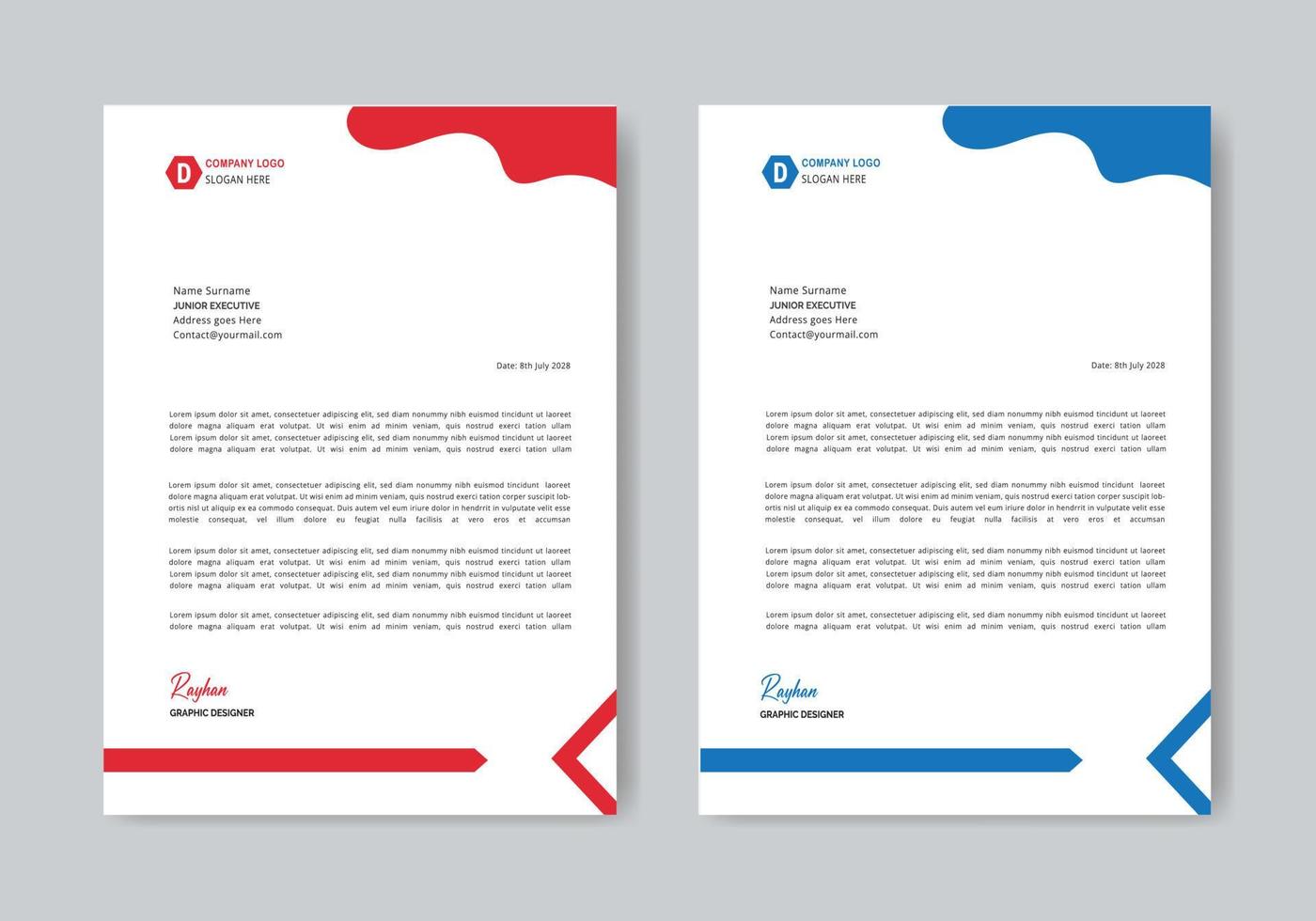 Letterhead template design, blue and red color letterhead template vector