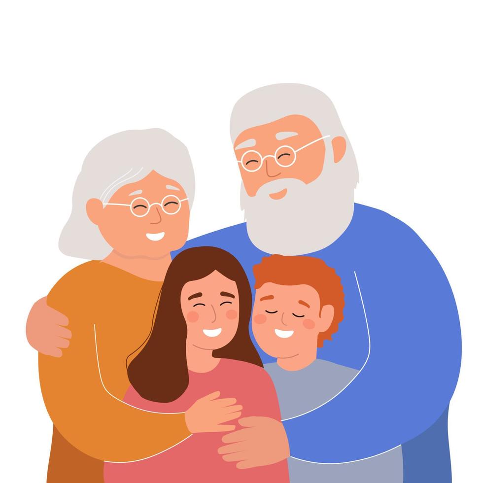 Grandparents with grandchildren. Happy family hugs. Elderly people and children. Vector graphics.