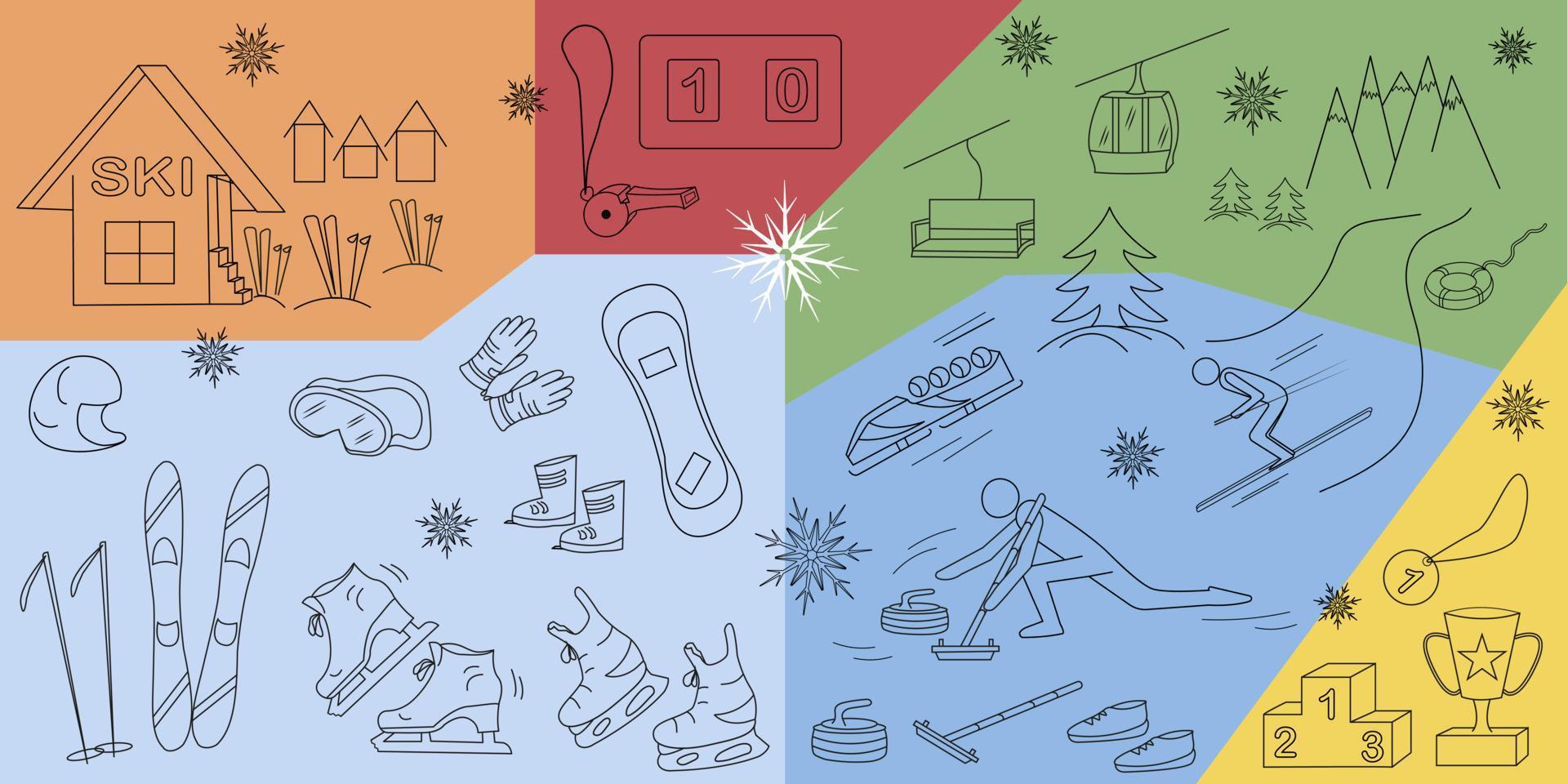 conjunto de ilustraciones de doodle de deportes de invierno sobre vacaciones de invierno y juegos deportivos vector