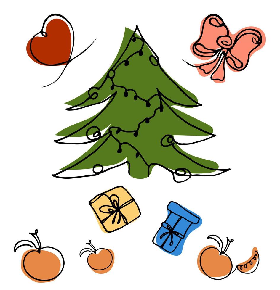 Set for Christmas and New Year Tangerines around the Christmas tree, Bow and Heart, colorful gifts vector