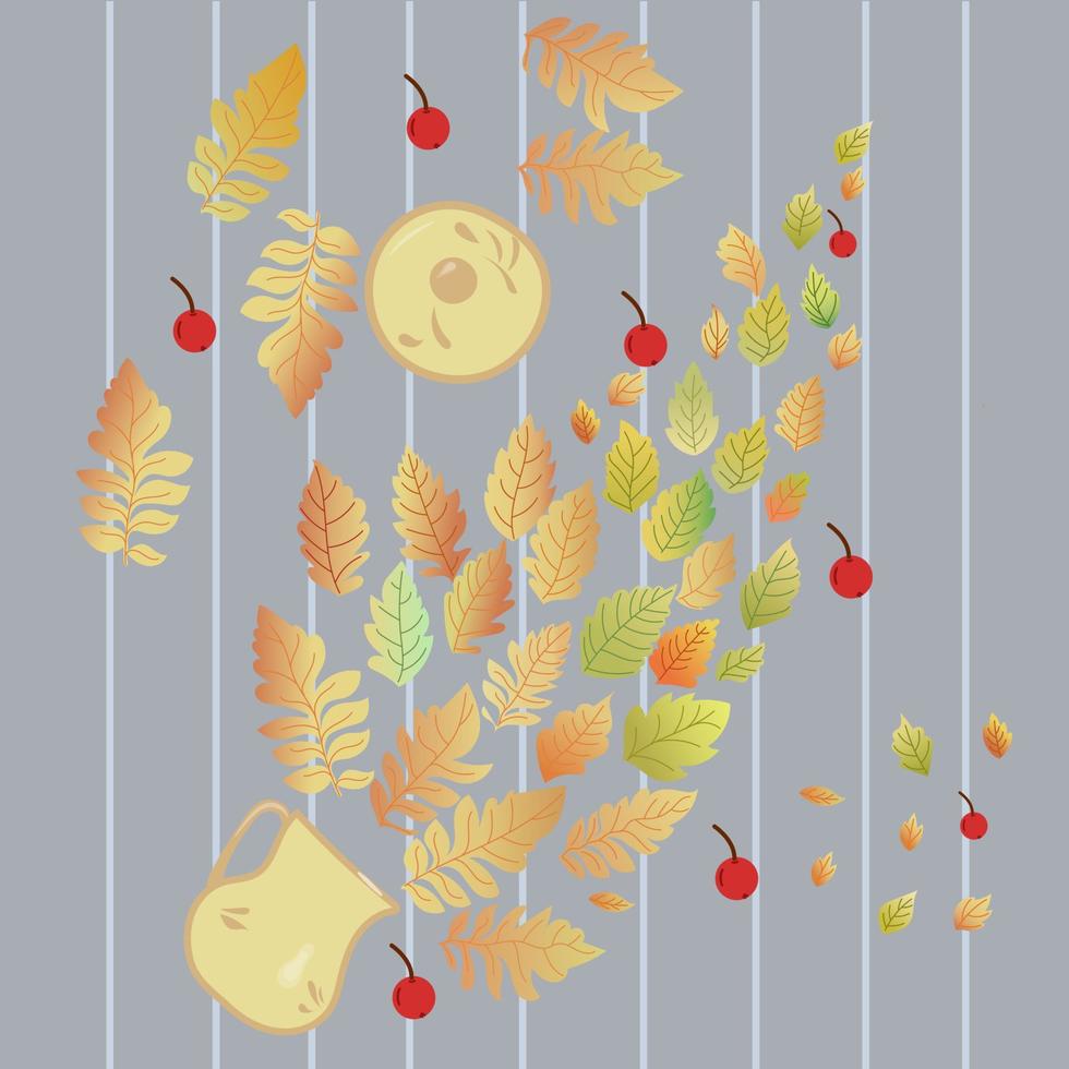 Autumn still life with rowan leaves and fruits and a golden jug. Grey background. Vector flat illustration.