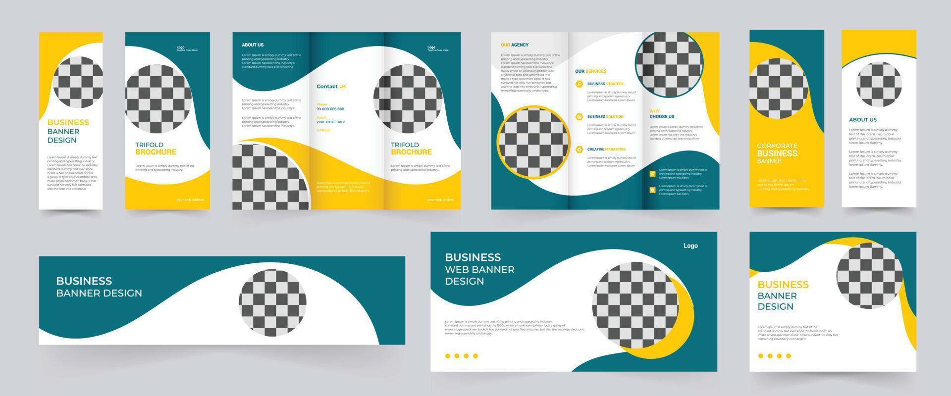 Creative and corporate business trifold brochure design template with minimalist promotion layout. use for business catalog, leaflet, trifold flyer, web banner, annual report and brochure design. vector