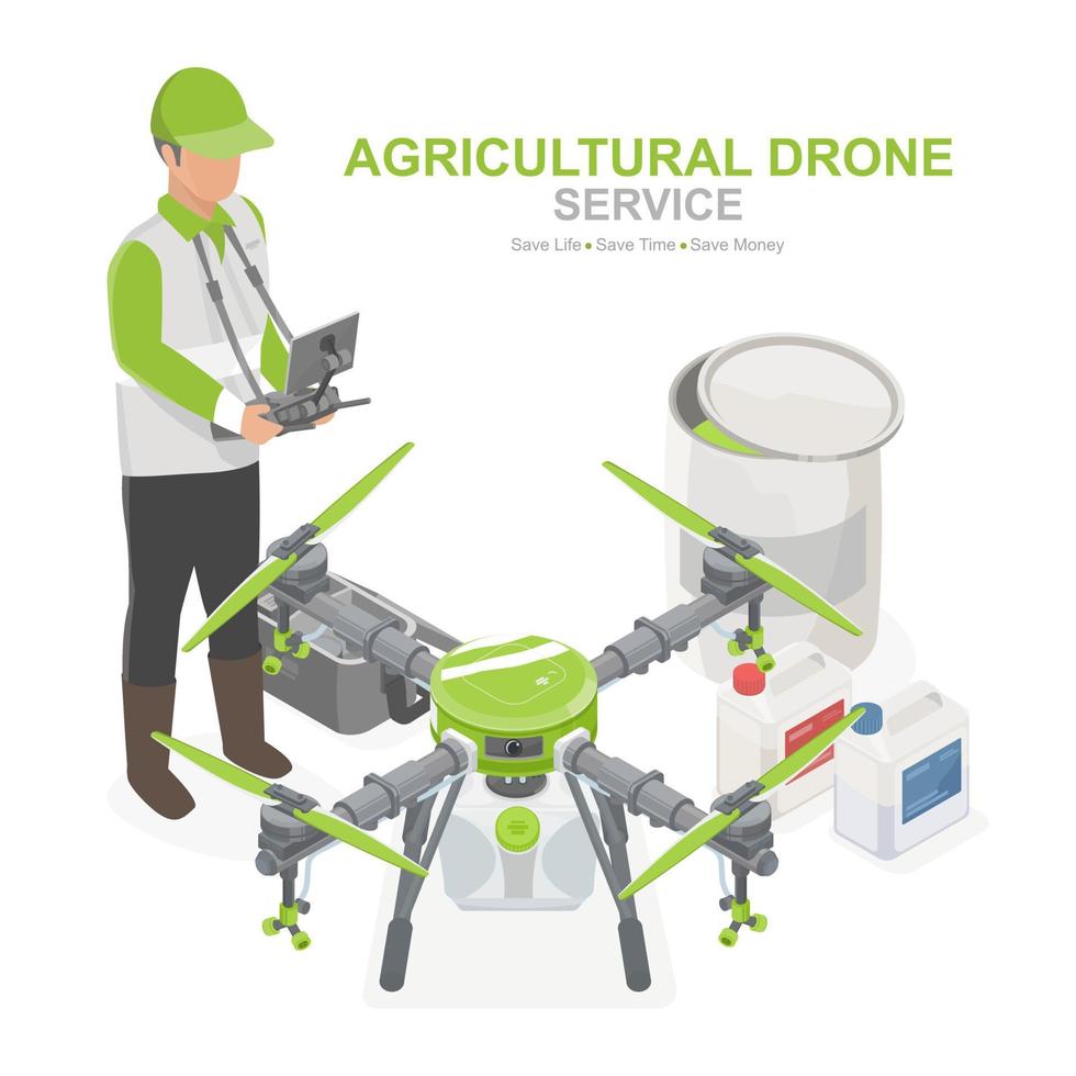 rociador de pesticidas servicio de drones agrícolas en alquiler agricultura inteligente para una vida segura tecnología isométrica verde vector