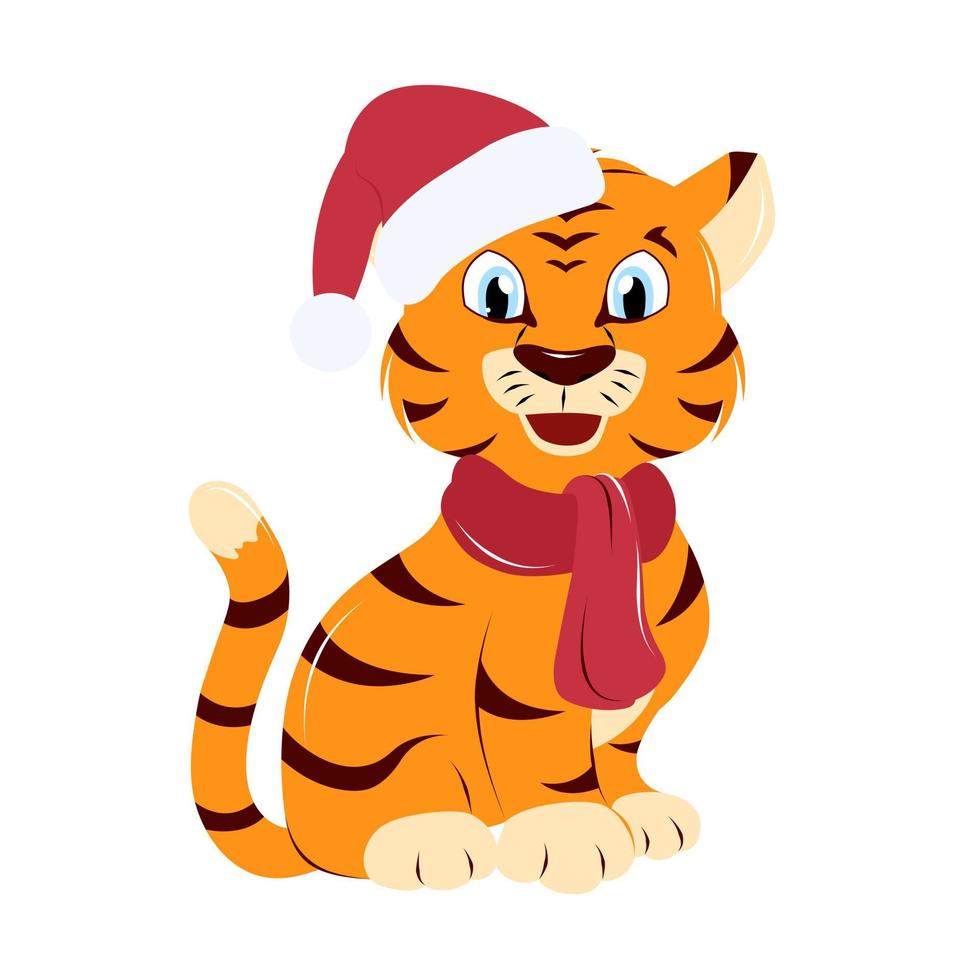 lindo tigre en sombrero de navidad de santa claus, dibujo a mano vector