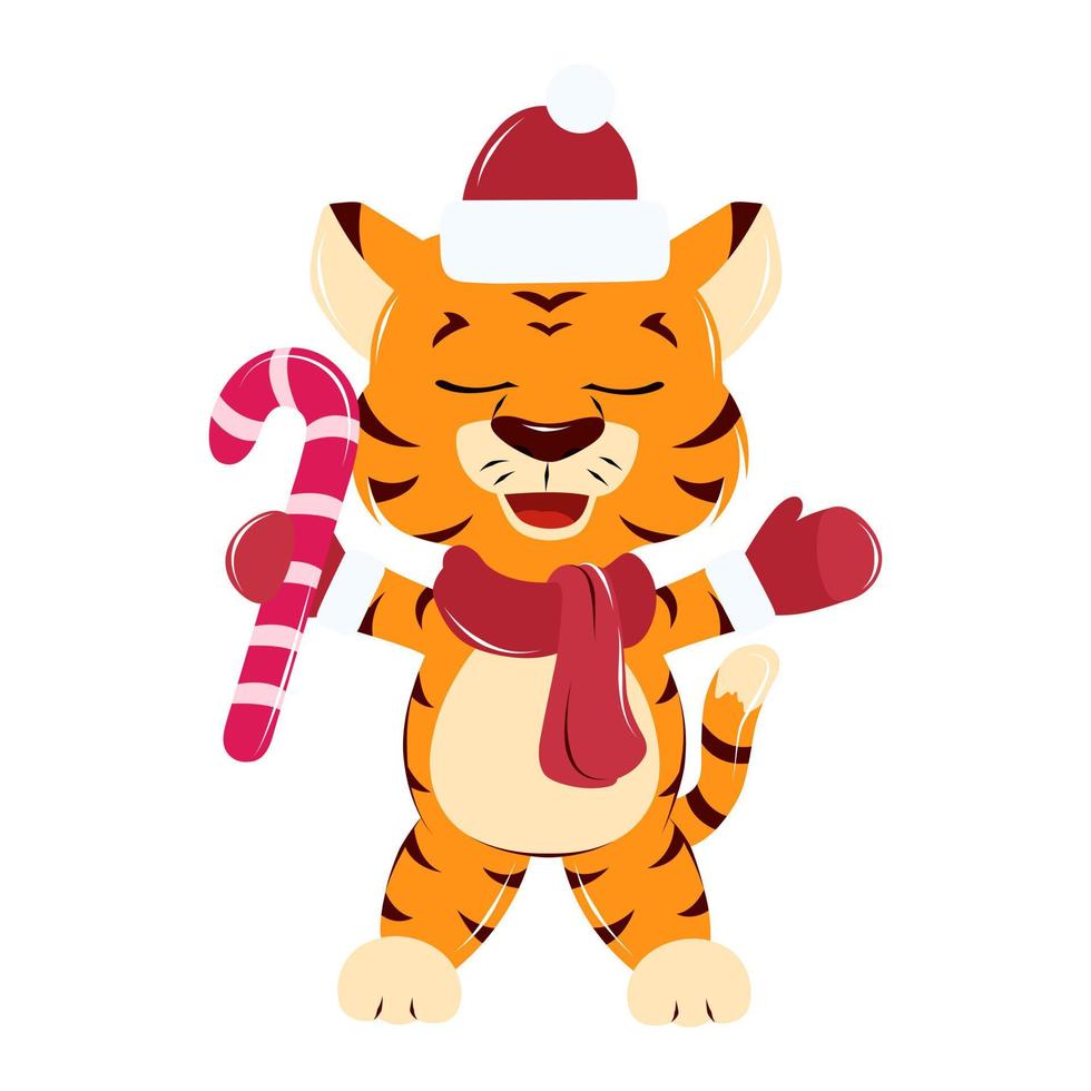 a tiger cub in a Santa Claus New Year's hat, mittens and a scarf stands with a lollipop, hand drawing vector