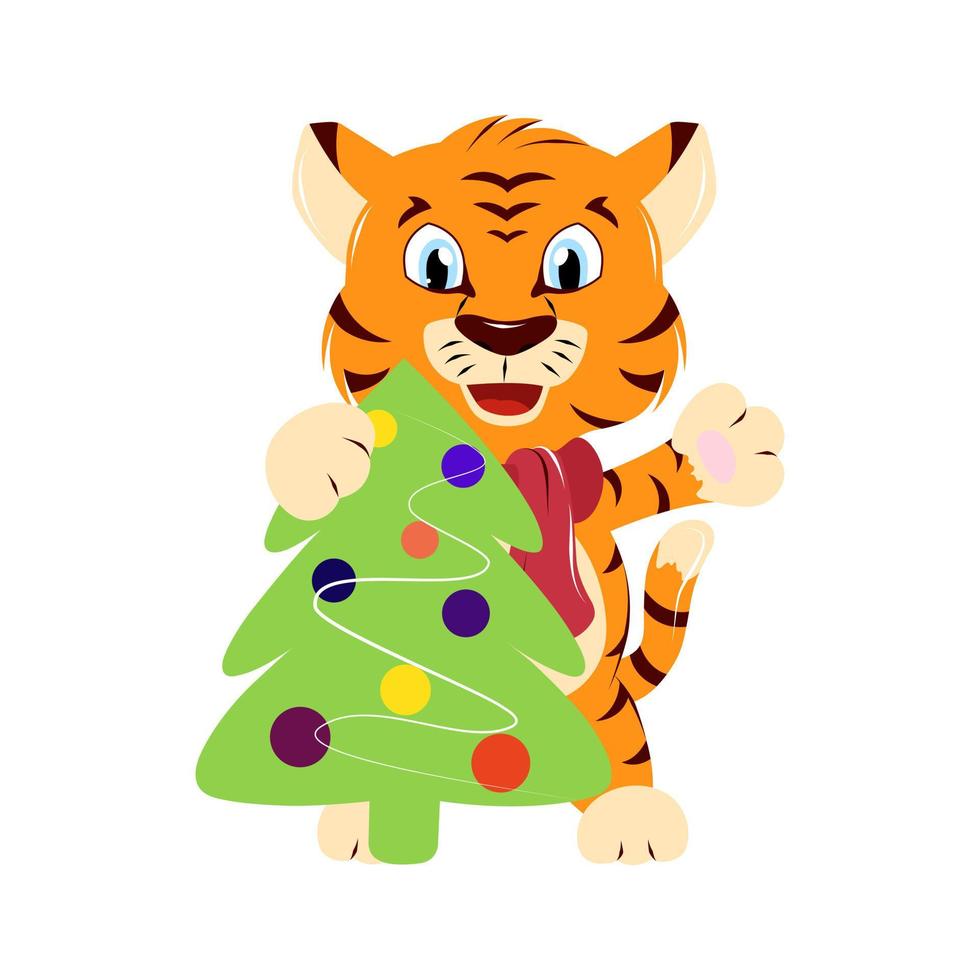 New Year's tiger cub waving, Christmas tree with balloons, hand drawing vector