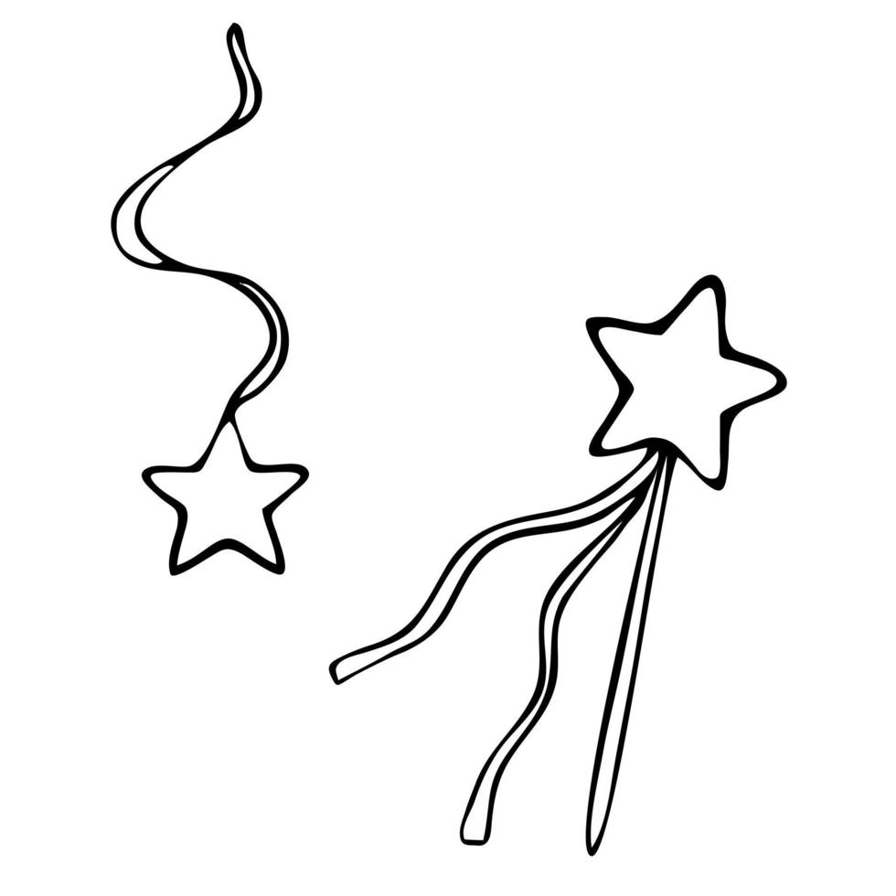 Graphic illustration. Magic wand with star and ribbon, silhouette, symbol, black lines on white background, isolated, sketch, Doodle vector