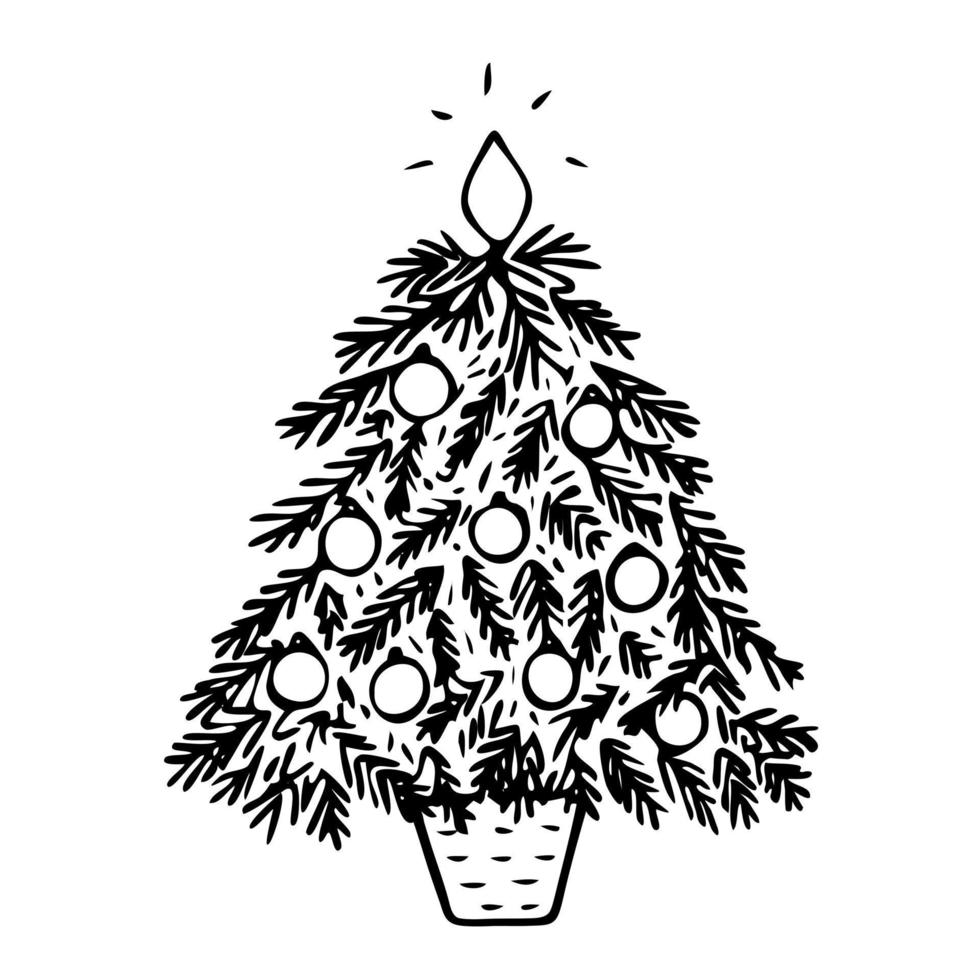 Graphic illustration. Christmas tree with toys, silhouette, symbol, simple, black lines on white background, isolated, sketch, Doodle. vector