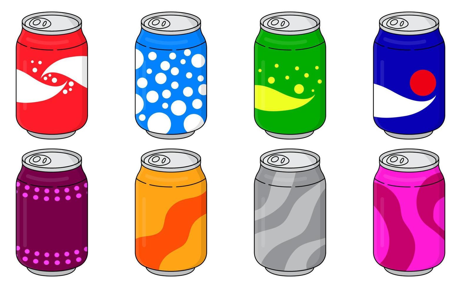 Soda in colored aluminum cans set icons isolated on white background. Soft drinks sign. Carbonated non-alcoholic water with different flavors. Drinks in colored packaging. Vector illustration