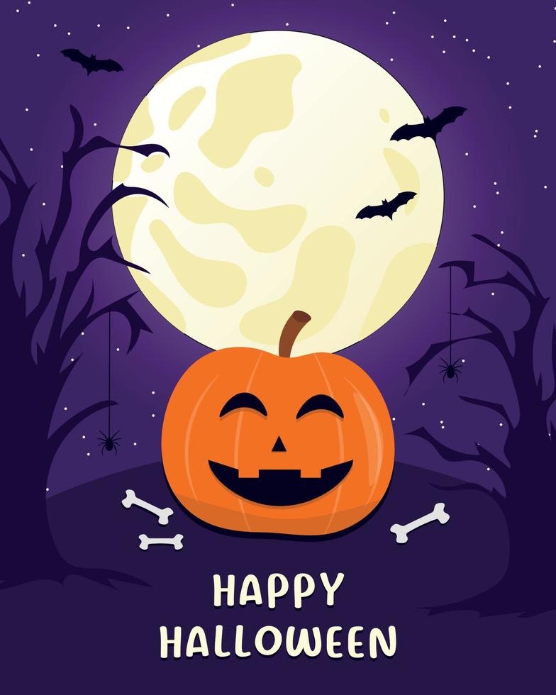 feliz ilustración de vector de fondo de halloween, volante. luna, árboles, arañas con calabaza de halloween sobre fondo morado.