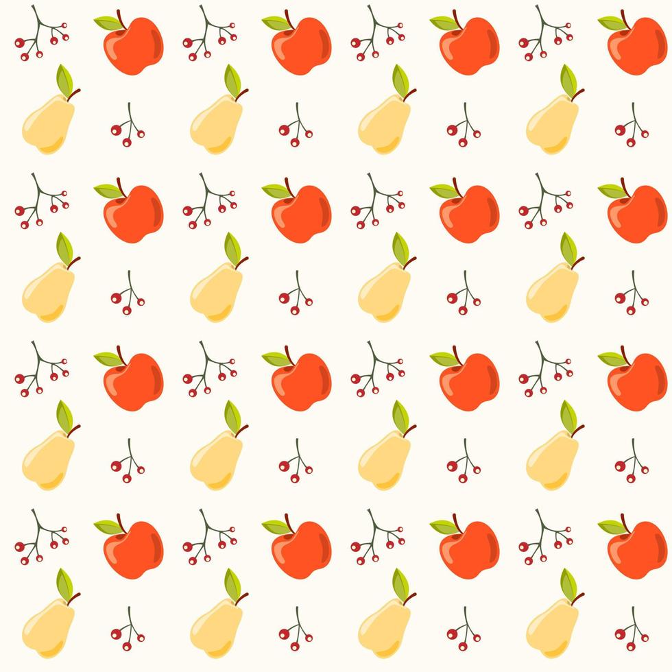 Seamless pattern with apples, pears and berries. Hand drawn vector illustration in warm colours. Background for Autumn harvest holiday, Thanksgiving, Halloween, seasonal, textile, scrapbooking.