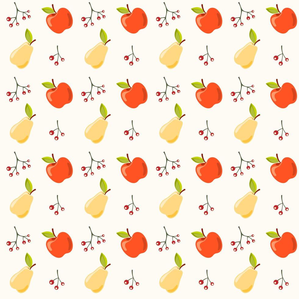 Seamless pattern with apples, pears and berries. Hand drawn vector illustration in warm colours. Background for Autumn harvest holiday, Thanksgiving, Halloween, seasonal, textile, scrapbooking.