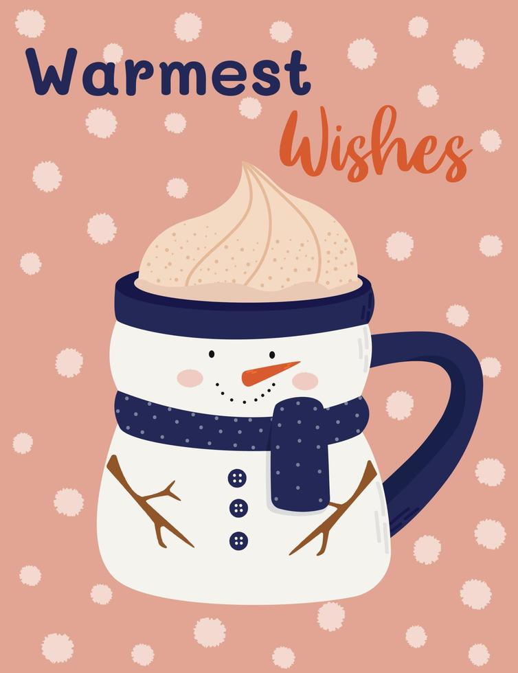 postal con bebida caliente de vacaciones de invierno. taza de muñeco de nieve. ilustración de la temporada de invierno. vector