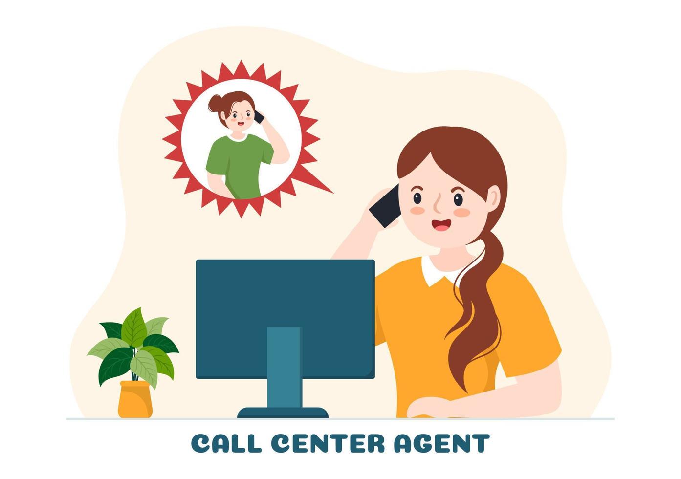 Call Center Agent of Customer Service or Hotline Operator with Headsets and Computers in Flat Cartoon Hand Drawn Templates Illustration vector
