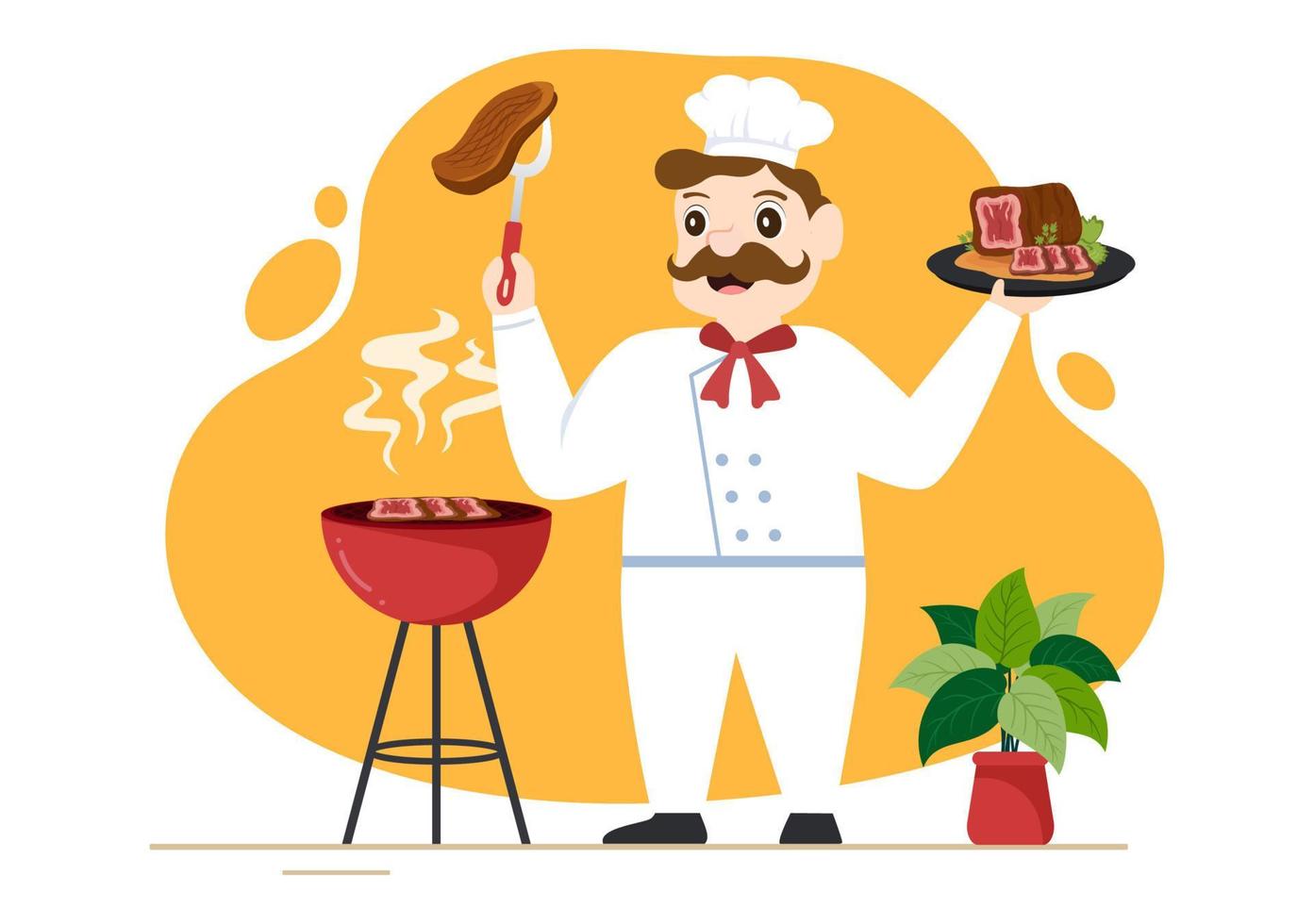 Steakhouse of Grilled Meat with Juicy Delicious Steak, Salad and Tomatoes for Barbecue in Flat Cartoon Hand Drawn Template Illustration vector