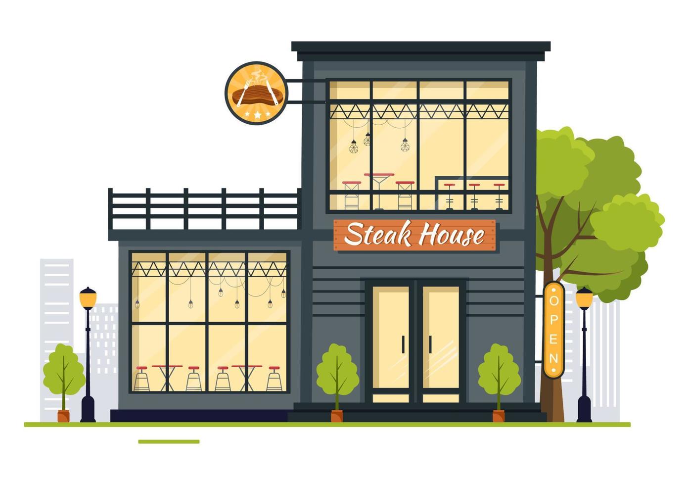 Steakhouse of Grilled Meat with Juicy Delicious Steak, Salad and Tomatoes for Barbecue in Flat Cartoon Hand Drawn Template Illustration vector