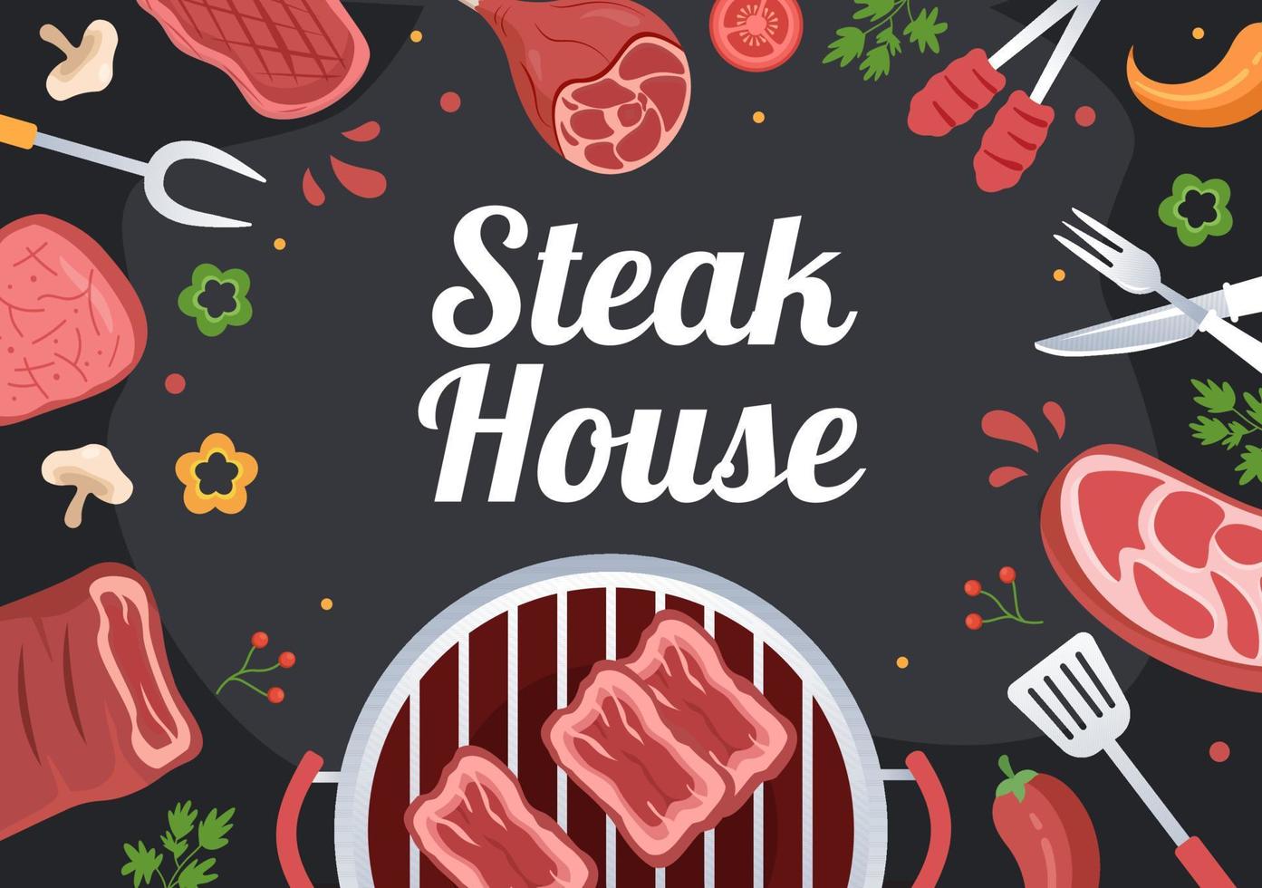 Steakhouse of Grilled Meat with Juicy Delicious Steak, Salad and Tomatoes for Barbecue in Flat Cartoon Hand Drawn Template Illustration vector