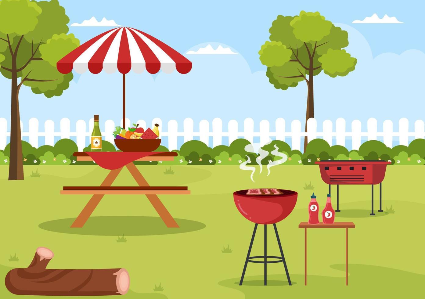 asador de carne a la parrilla con delicioso bistec jugoso, ensalada y tomates para barbacoa en ilustración de plantilla dibujada a mano de dibujos animados planos vector