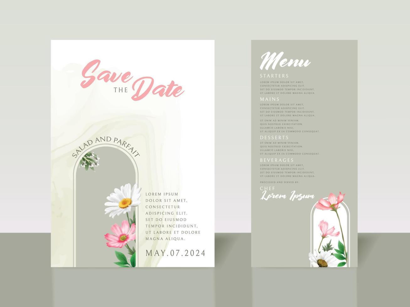 Elegant white and pink flowers wedding invitation card vector