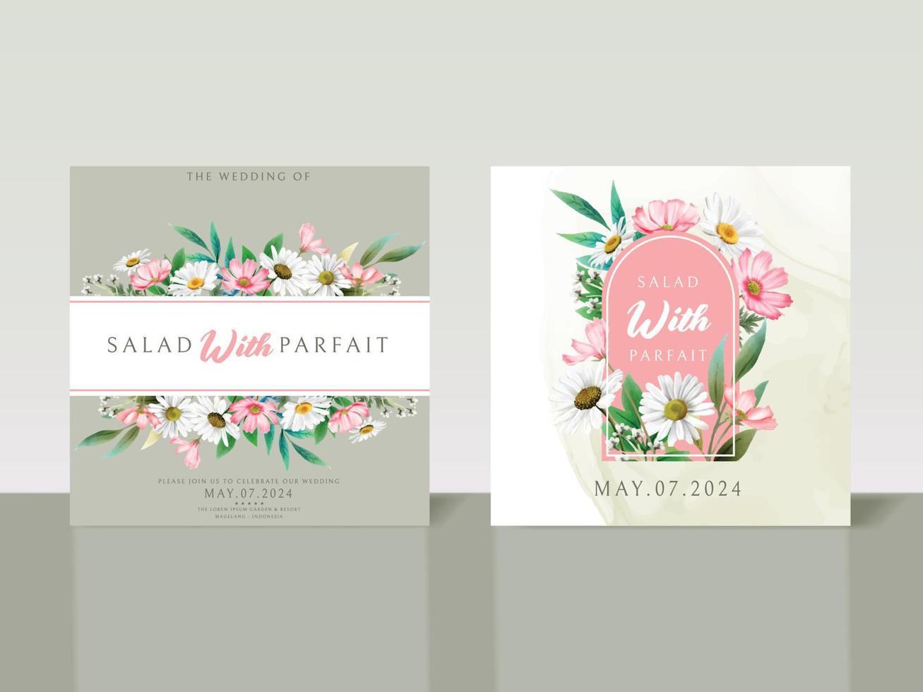 Elegant white and pink flowers wedding invitation card vector