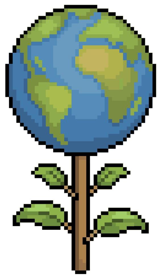Pixel art plant earth planet, world plant vector icon for 8bit game on white background