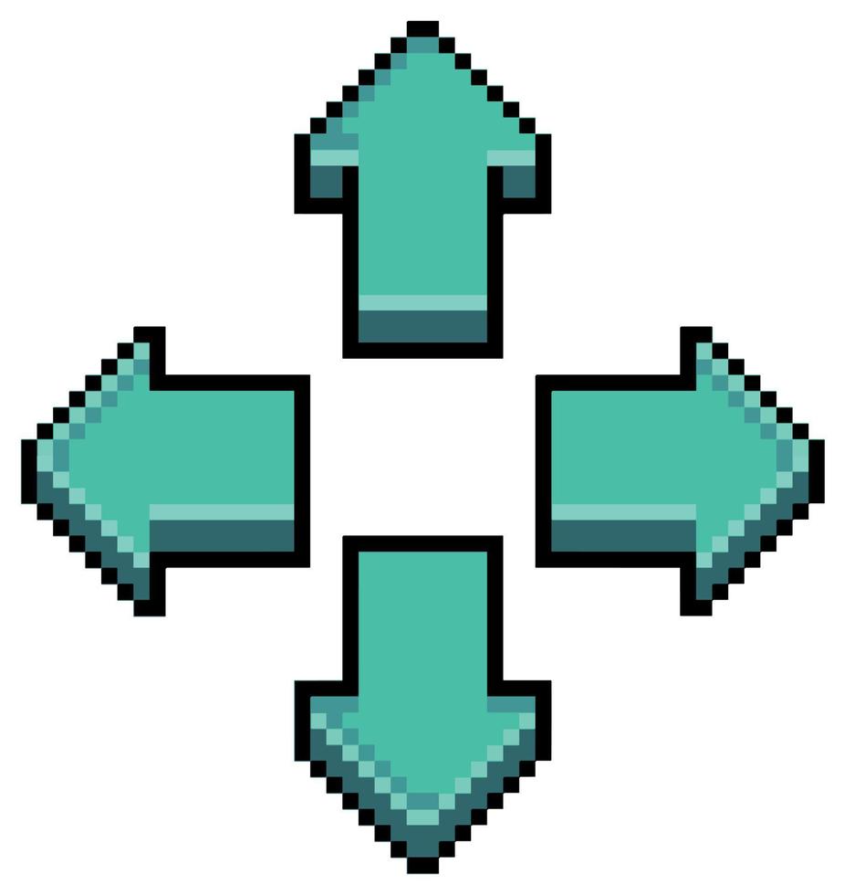 Pixel art video game direction arrow button, direction key vector icon for 8bit game on white background