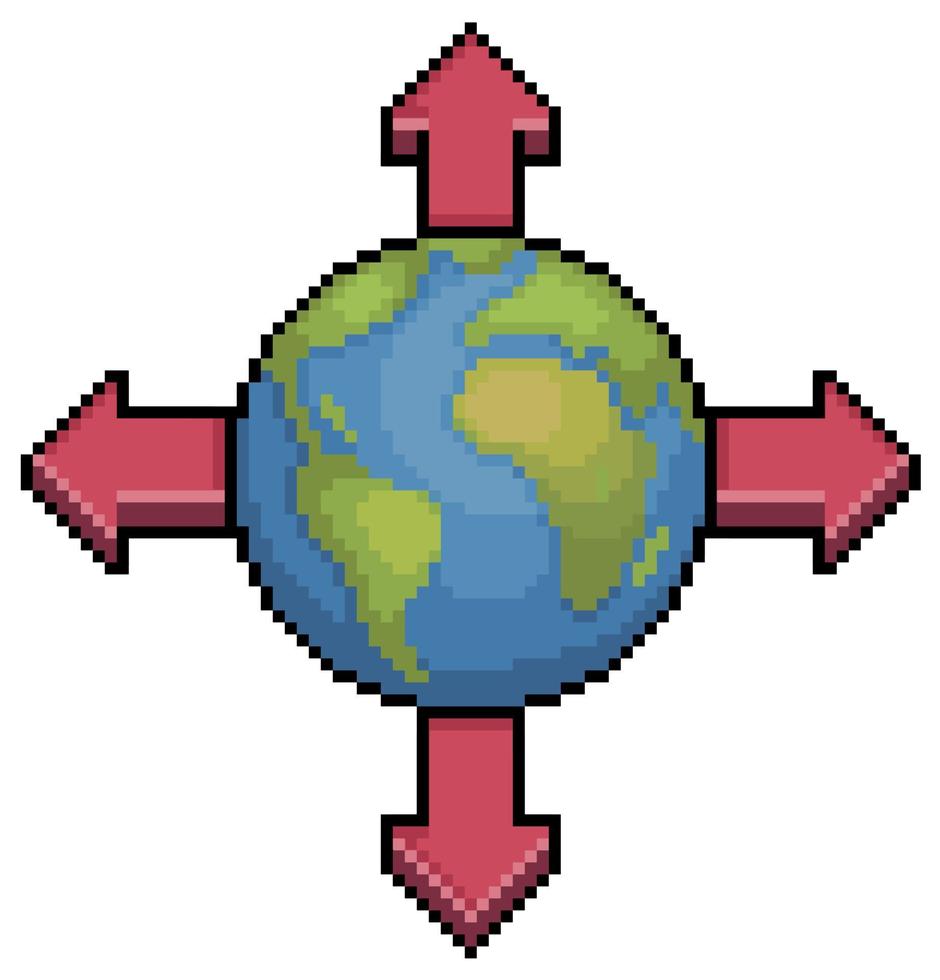 Pixel art earth with four arrows, world expansion vector icon for 8bit game on white background