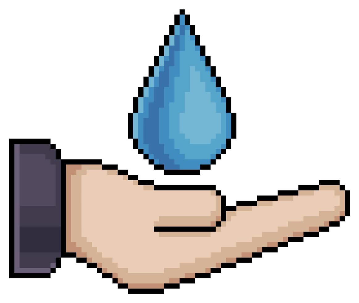 Pixel art hand with water drop vector icon for 8bit game on white background