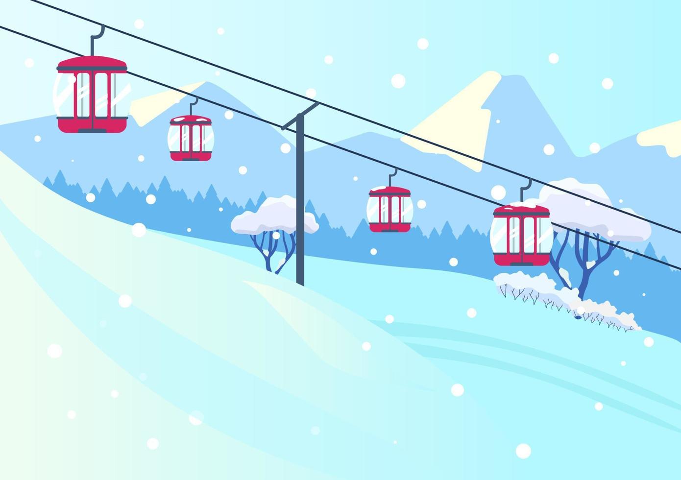 Vector illustration of mountain slope landscape with cableway in flat style. Snowy mountains with lift.