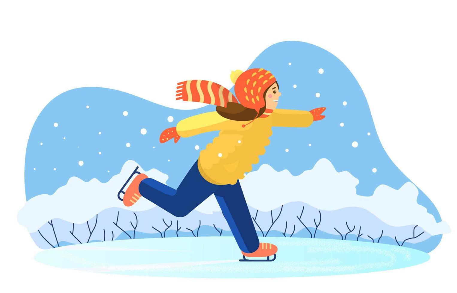 ilustración vectorial de una niña patinando sobre hielo en la pista de hielo. fondo de invierno. vector