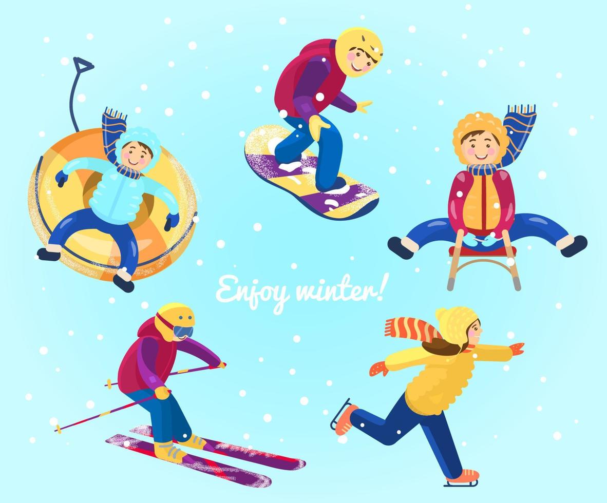 Set of kids doing different winter sports. Winter activities. Snow tubing, snowboarding, skiing, ice skating, sledding. vector