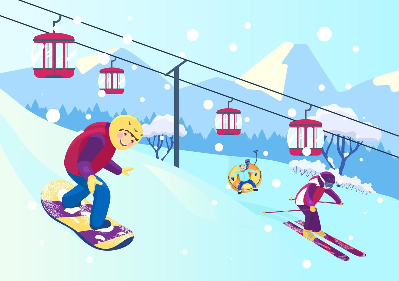 Vector illustration of mountain slope with people doing different winter sports. Snowboarding, skiing, snow tubing. Cableway. Snowy mountains landscape.