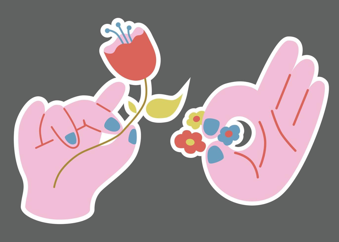 Vector flat illustration flowers in hands. Design template on isolated bachground