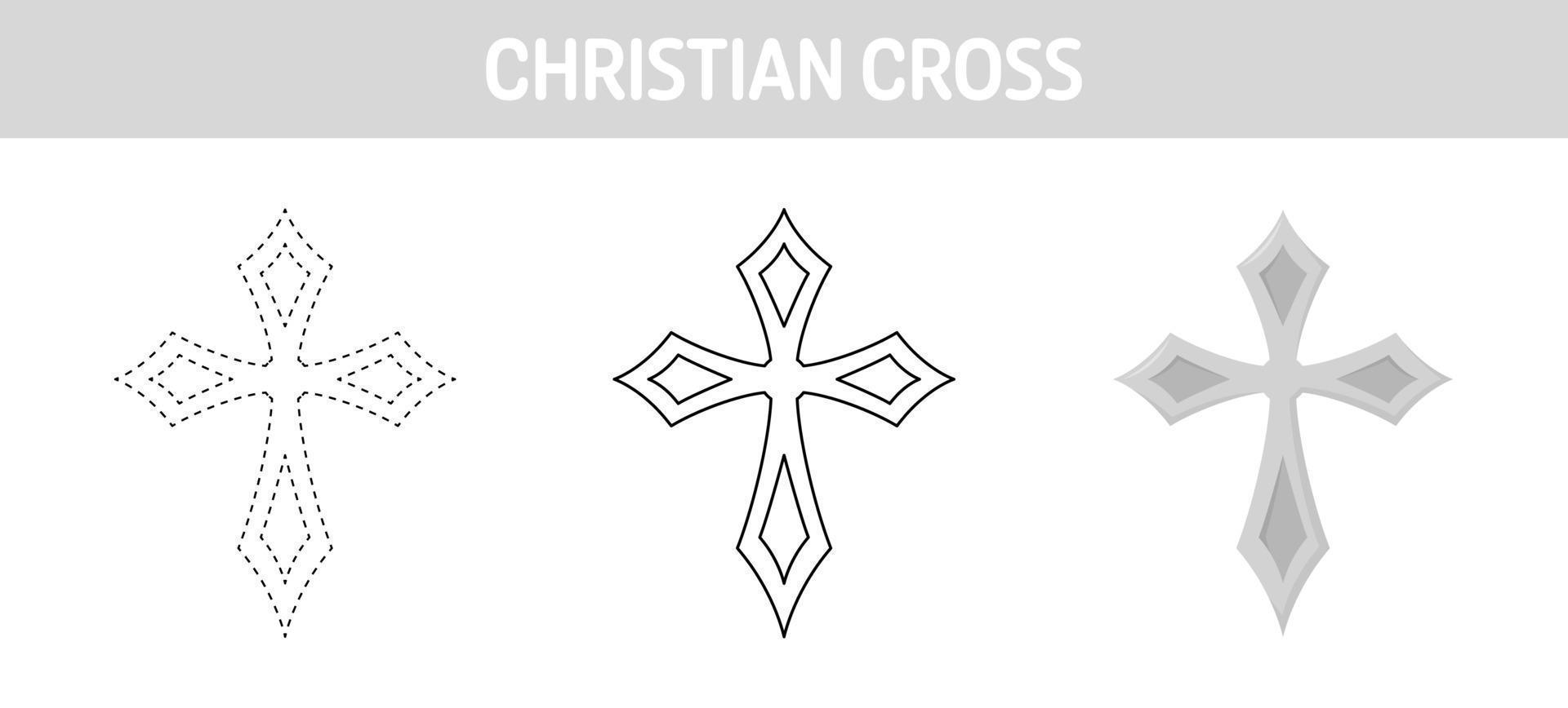 Christian Cross tracing and coloring worksheet for kids vector