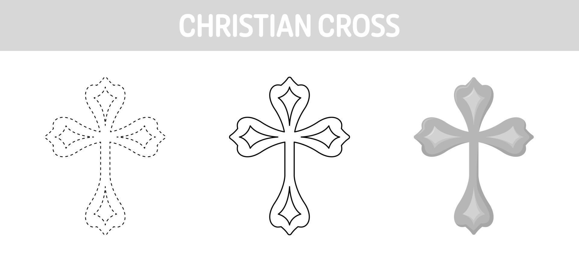Christian Cross tracing and coloring worksheet for kids vector