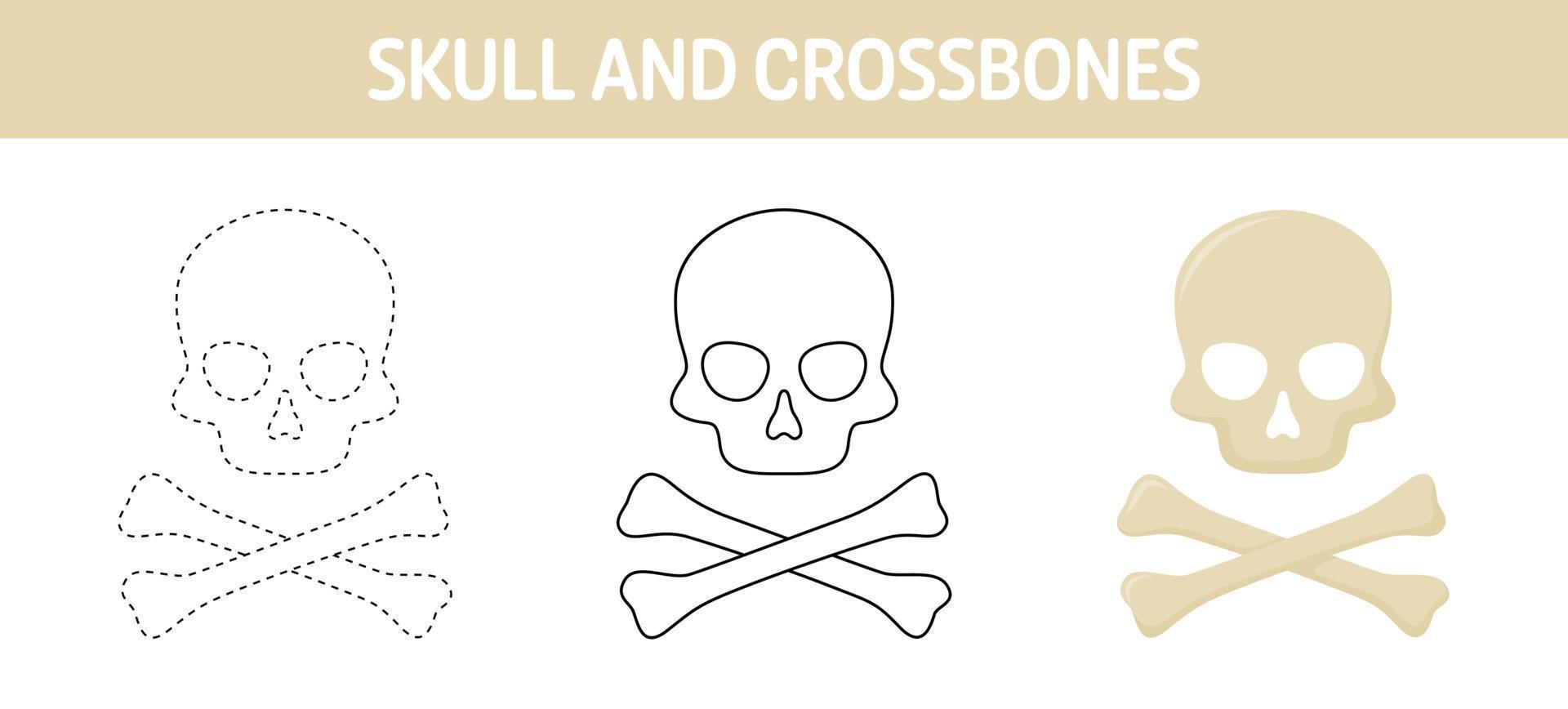 Skull And Crossbones tracing and coloring worksheet for kids vector