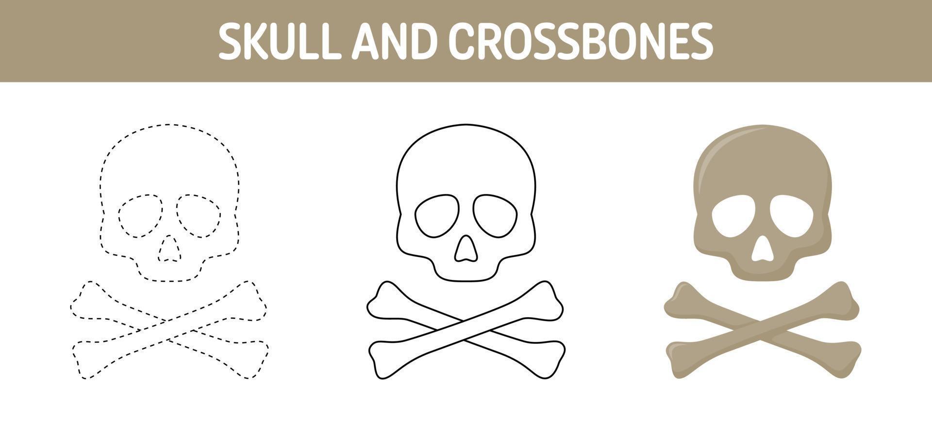 Skull And Crossbones tracing and coloring worksheet for kids vector