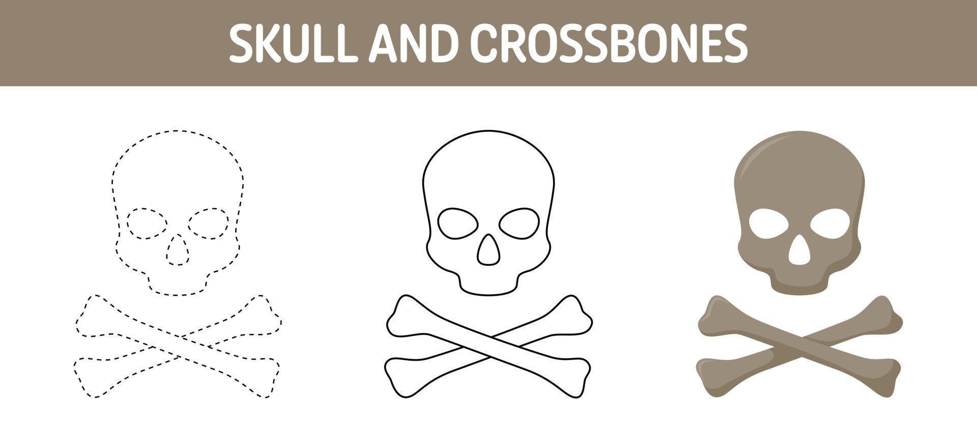 Skull And Crossbones tracing and coloring worksheet for kids vector