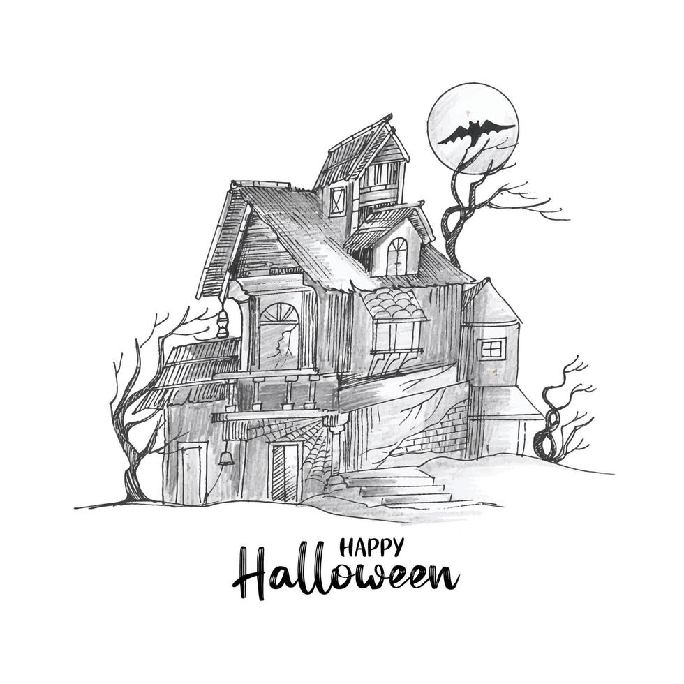 Hand drawn Happy Halloween festival haunted house background design vector