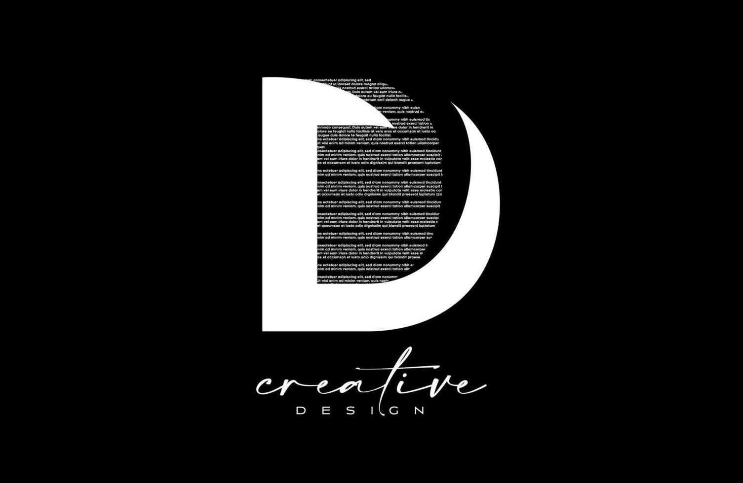 diseño de logotipo de letra d blanca con letra d creativa hecha de vector de textura de fuente de texto negro