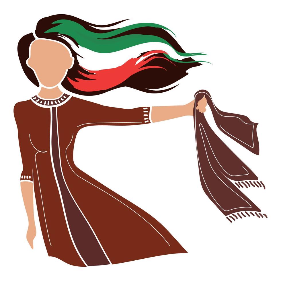 mujer activista con hiyab en la mano y cabello que fluye con la bandera de irán vector ilustración moderna aislada sobre fondo blanco. afiche contra el uso del hiyab. Protesta de mujeres en Irán.