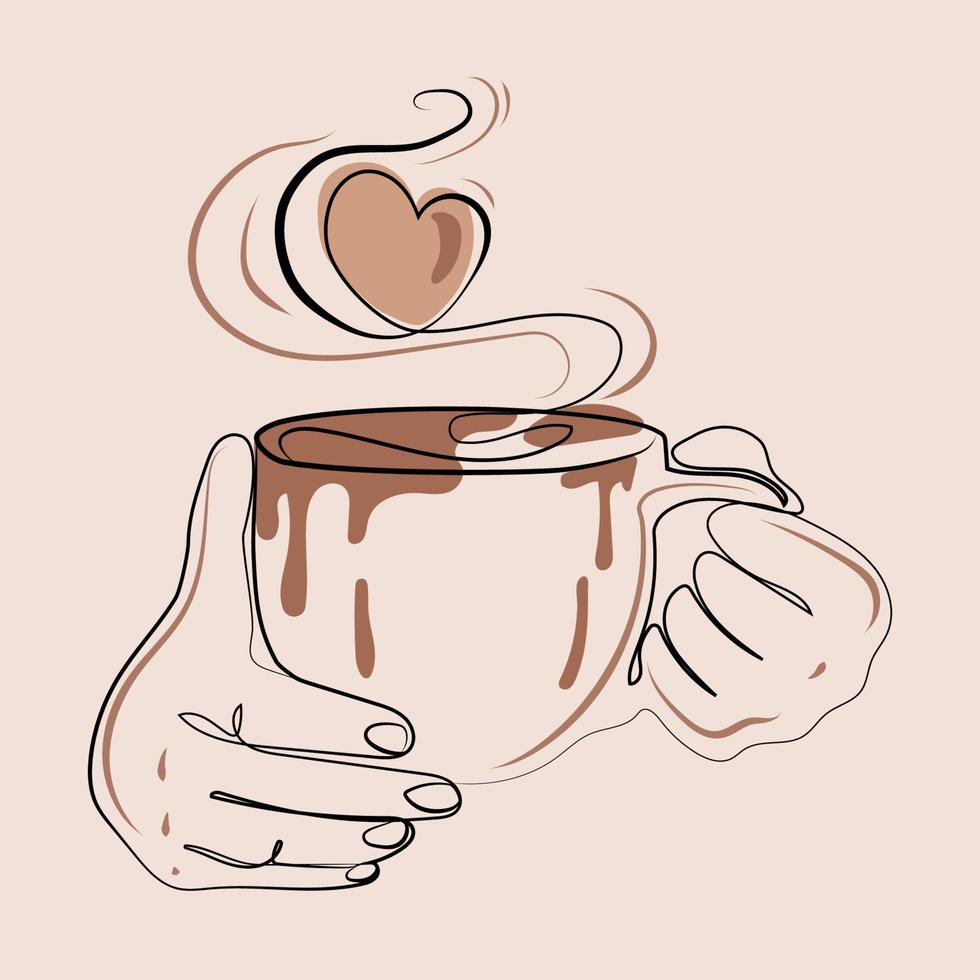 Two hands hold mug or cup of hot drink with heart shape steam,poster,logo,emblem design,vector illustration.Abstract line drawing of cup hot tea or coffee in hands modern illustration in simple style vector