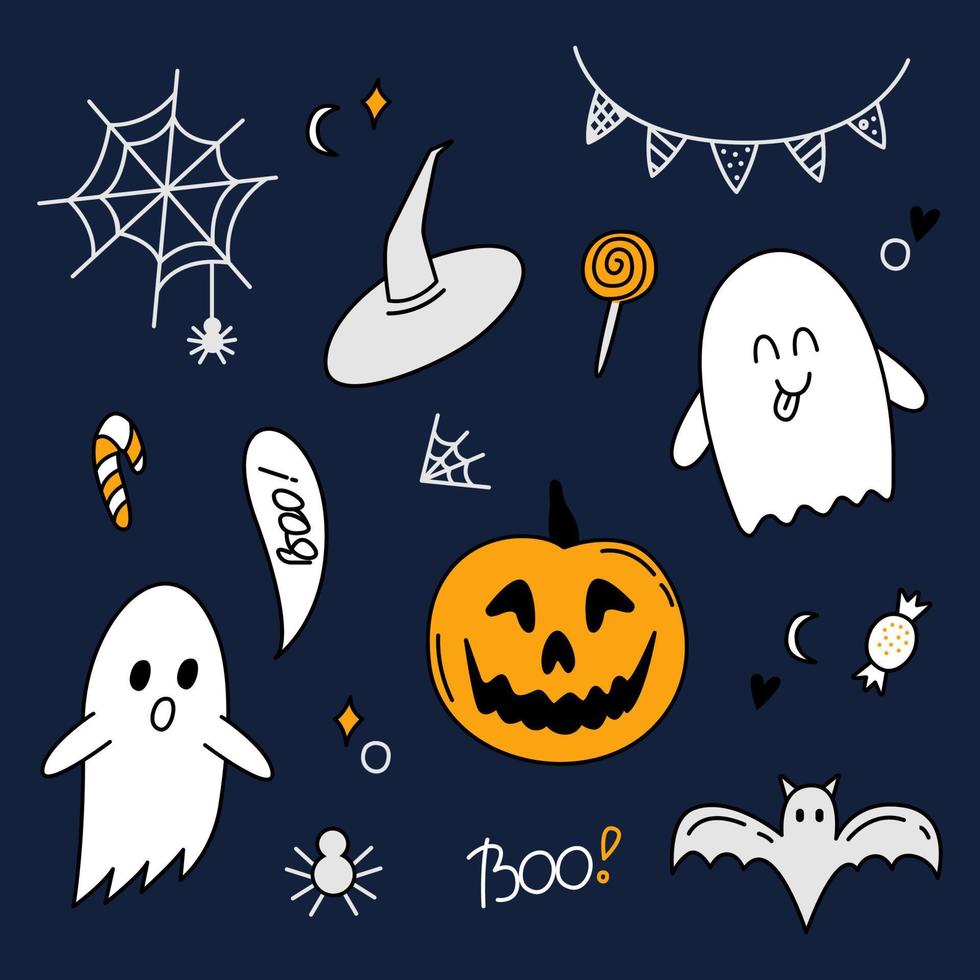 Halloween doodle color set. Ghost, pumpkin, sweets, bat, web, spider, witch hat. Cartoon elements isolated on dark blue background. Hand drawn outline vector illustration.