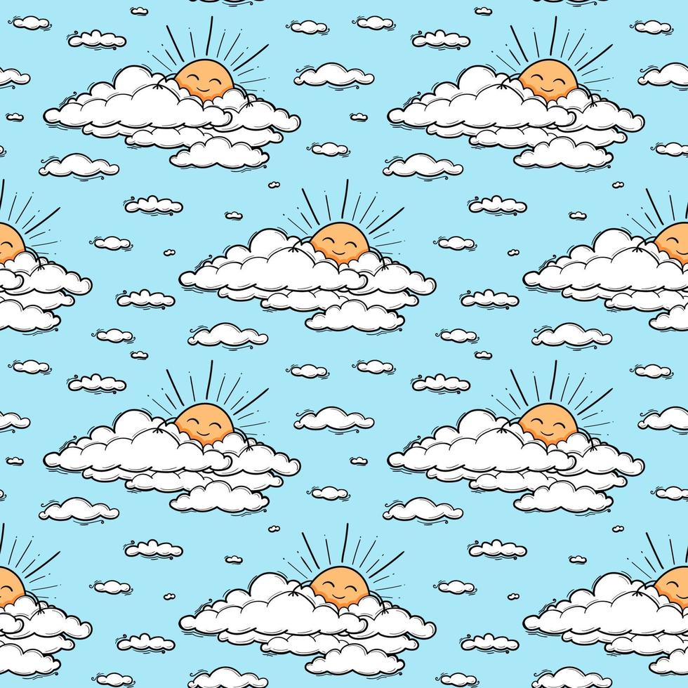 linda nube y sol de patrones sin fisuras vector de fondo. sonriente sol niños ilustración aislada en el cielo azul. fondo de verano. diseño divertido para niños y bebés